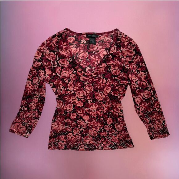 Vintage Express floral rose print mesh top - Picture 1 of 6